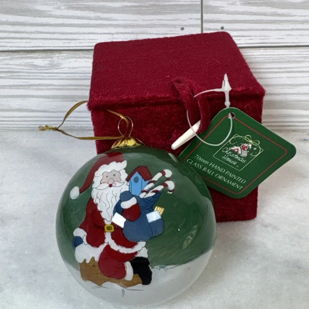 Christmas House Hand Painted Santa Claus Glass Ornament Velvet Box